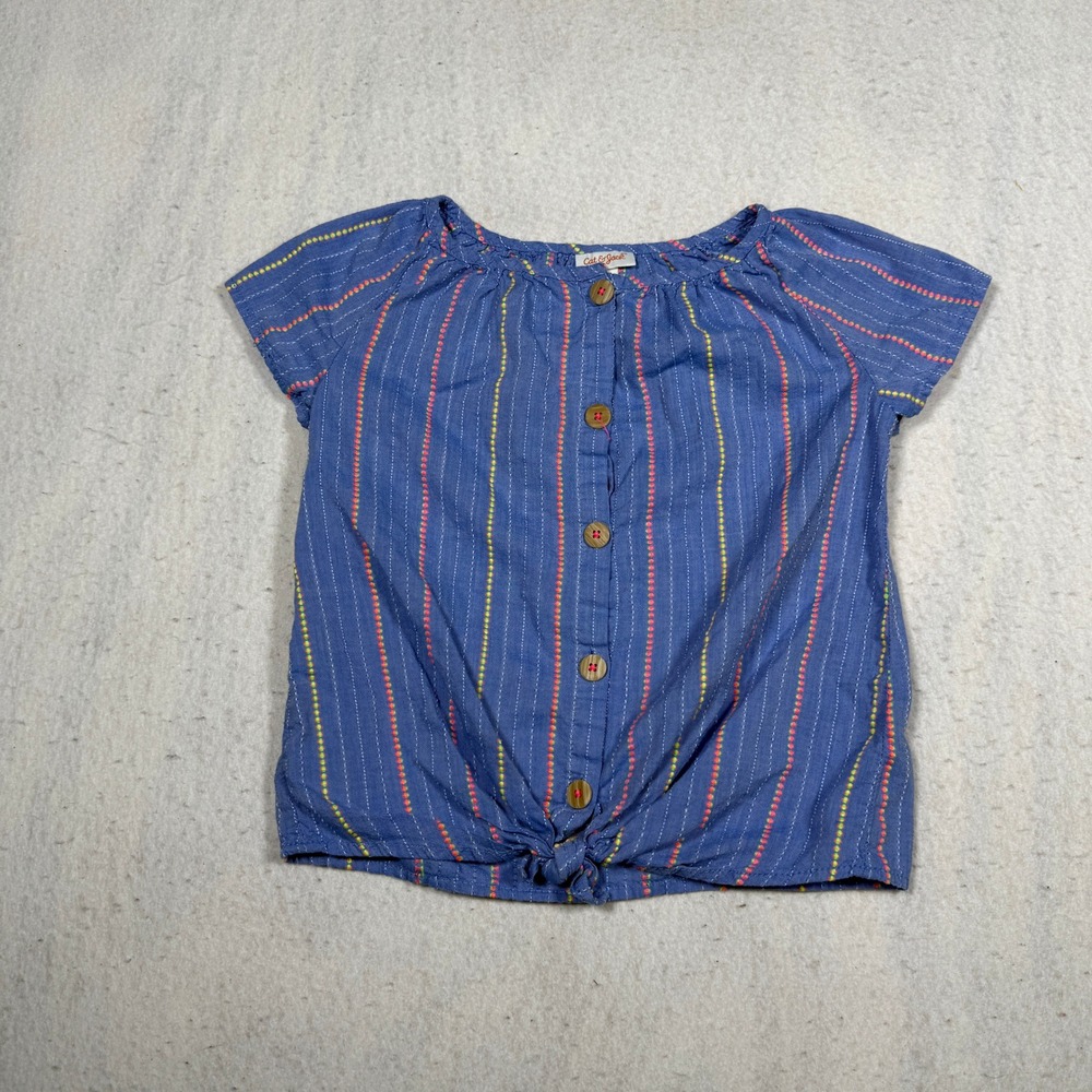Cat & Jack Girls Blue Striped Button Front Tie Hem Top Size M 7/8